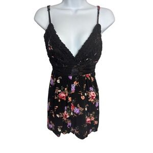 Floral Romper Small Black Crochet Lace V Neck Sleeveless Dark Romantic Festival